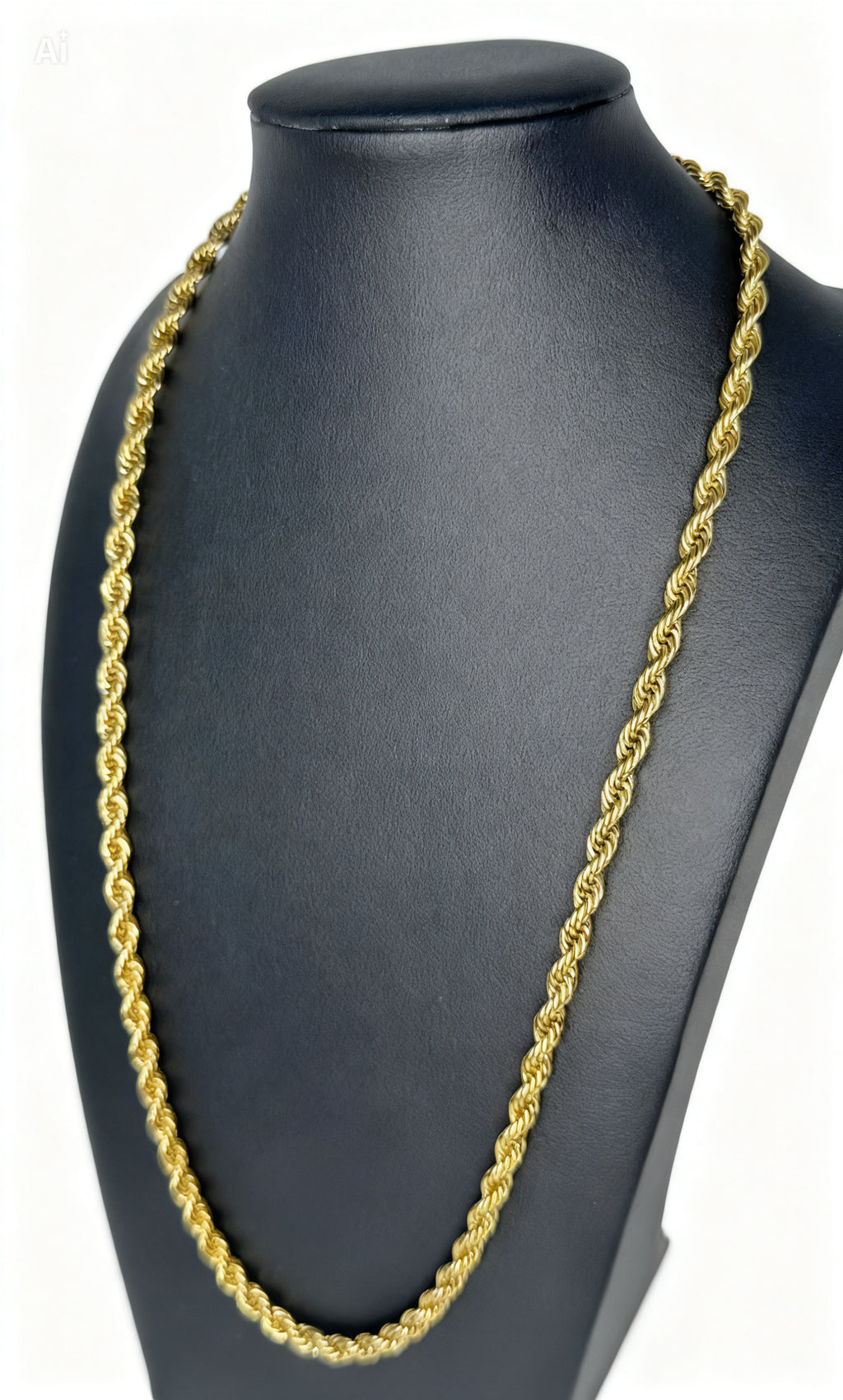 Gold rope chain necklace on a black mannequin bust
