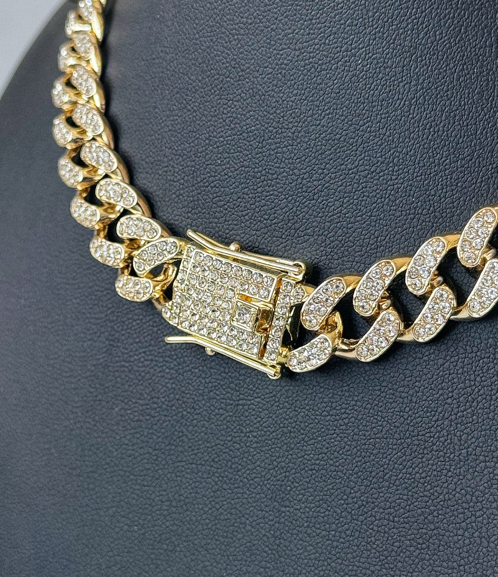 16mm Iced Out Cuban Link Chain w/Cross Accents 20" - Gold Tone