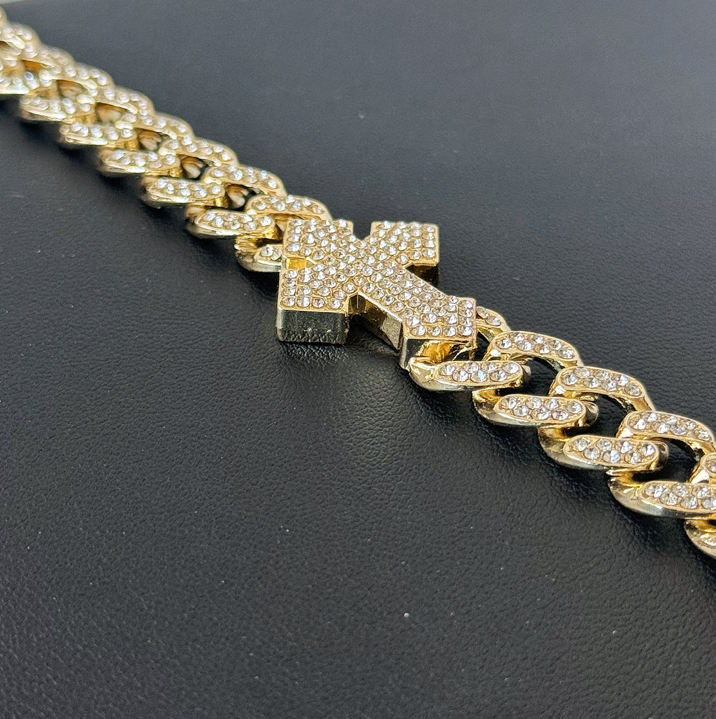16mm Iced Out Cuban Link Chain w/Cross Accents 20" - Gold Tone