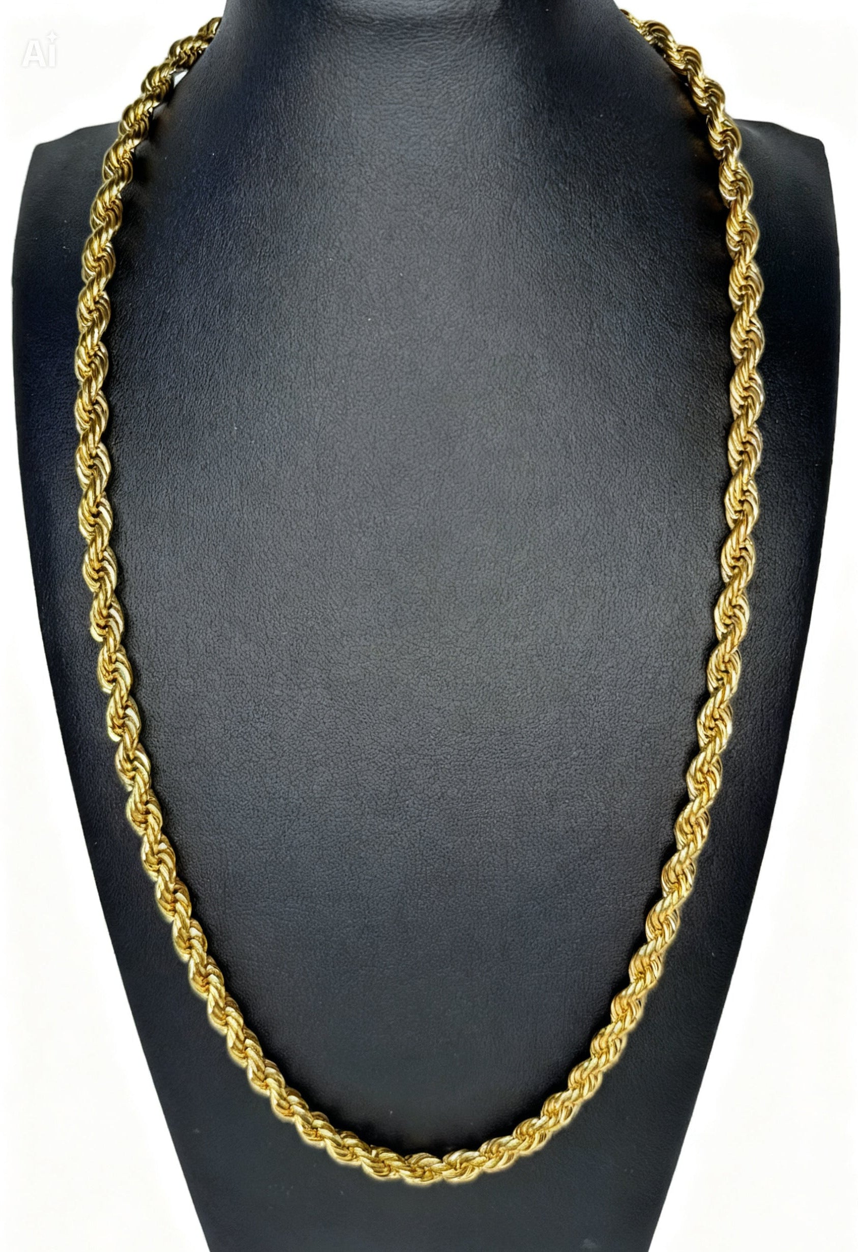 Gold rope chain necklace on a black mannequin