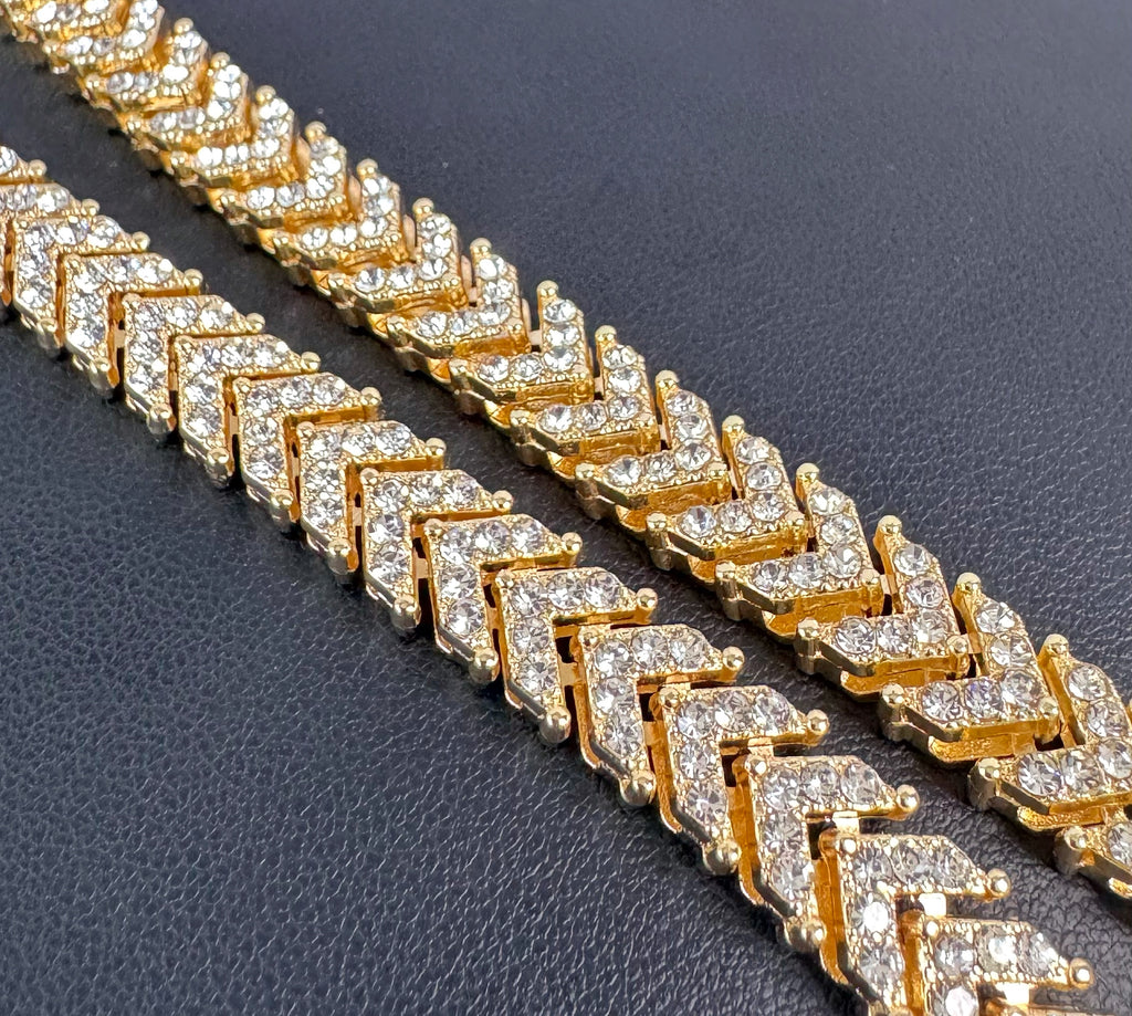 12mm Iced Out Chevron Necklace 20” - Gold Tone