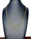 A gold-toned chain necklace displayed on a matte black jewelry bust against a plain white background.