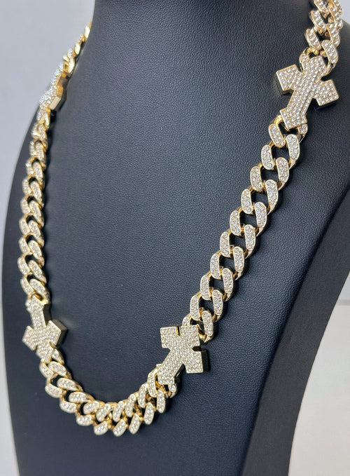 13 mm Iced Out Cuban Link Cross Chain Necklace - 20" Gold-Tone