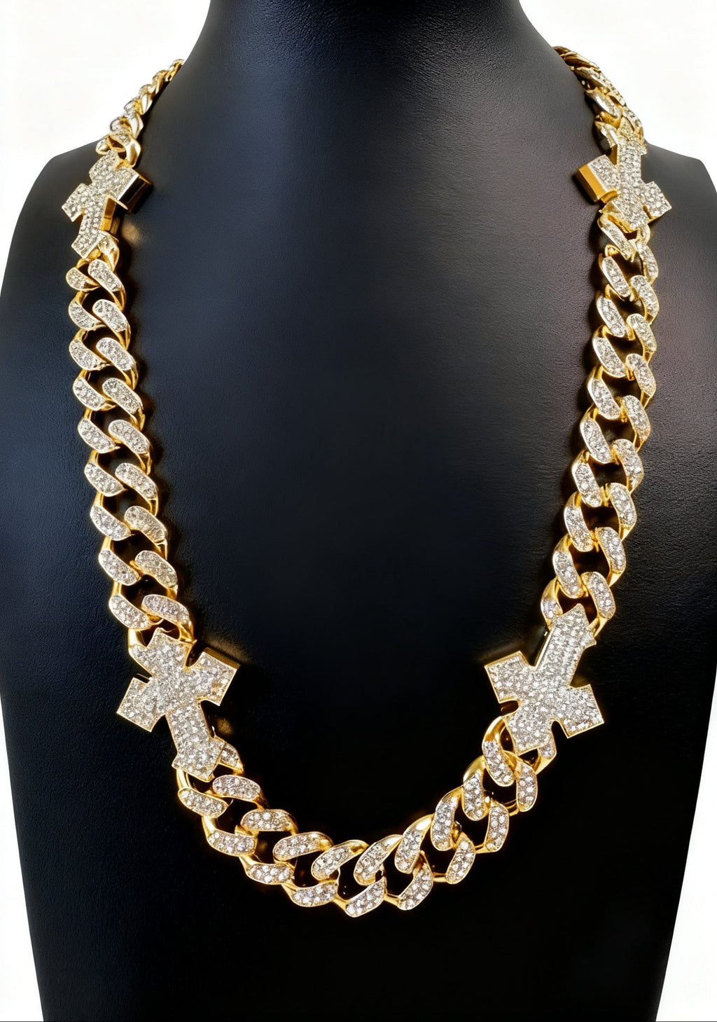 16mm Iced Out Cuban Link Chain w/Cross Accents 20" - Gold Tone